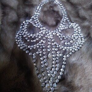 Vintage Austria Rhinestone Bib Necklace Choker Style White Clear Silver